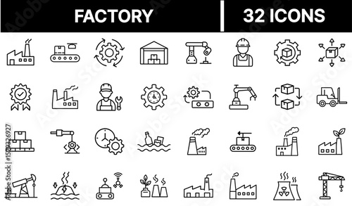 Factory Icon Representing Industrial Buildings and Manufacturing Production Facilities