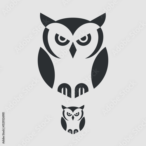 A vector owl logo, designed in a minimalistic style, depicting a wise bird.