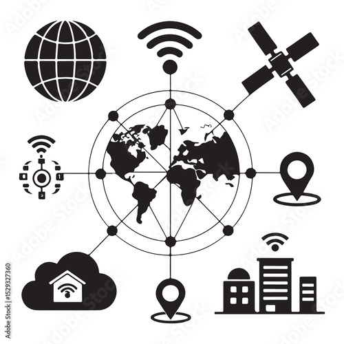 Global communication and network icons set with world and internet symbols