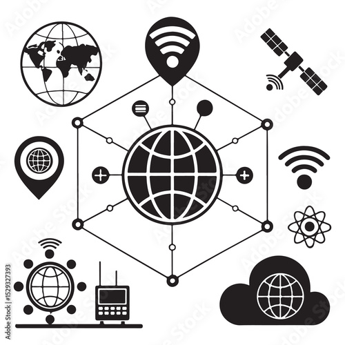 Global communication and network icons set with world and internet symbols