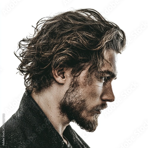 Man with wavy hair and beard side profile portrait for hair style inspiration and male grooming trends