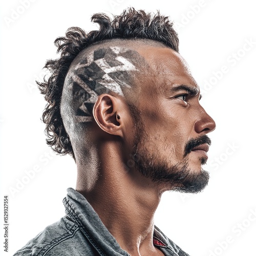 Man with mohawk hairstyle and hair tattoo side view on white background studio shot looking right