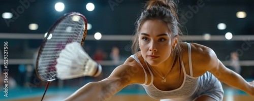 Badminton player stretches to reach the shuttlecock during a world-class competition, showcasing agility and focus in an intense moment of the match