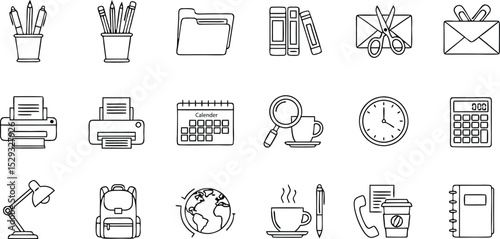Collection of minimalist office and school supplies outlined in a simple black and white design