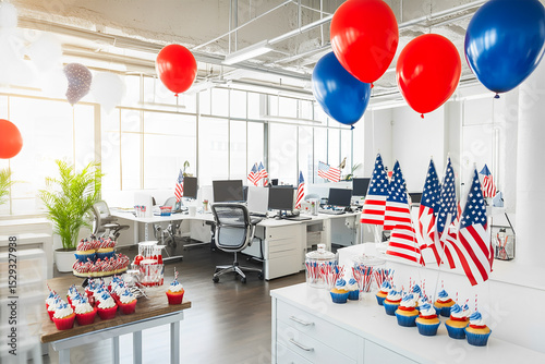 Modern office workspace decorated with red foil balloons in the shape of stars near each table, white interior, open space office, monitors on white tables. USA Independence Day, themed treats