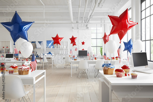 Modern office workspace decorated with red foil balloons in the shape of stars near each table, white interior, open space office, monitors on white tables. USA Independence Day, themed treats