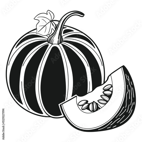 Black outline shows full and cut pumpkin with seeds, vine, and leaf