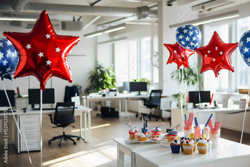Modern office workspace decorated with red foil balloons in the shape of stars near each table, white interior, open space office, monitors on white tables. USA Independence Day, themed treats