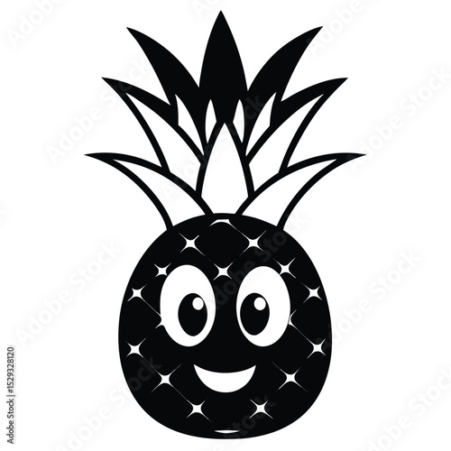 Black pineapple smiles cheerfully, with shining textured skin and leafy crown on top