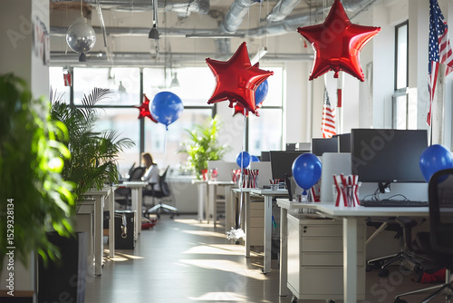 Modern office workspace decorated with red foil balloons in the shape of stars near each table, white interior, open space office, monitors on white tables. USA Independence Day, themed treats