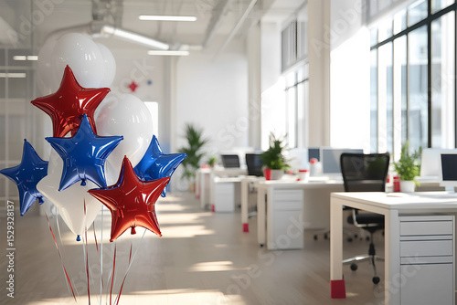 Modern office workspace decorated with red foil balloons in the shape of stars near each table, white interior, open space office, monitors on white tables. USA Independence Day, themed treats