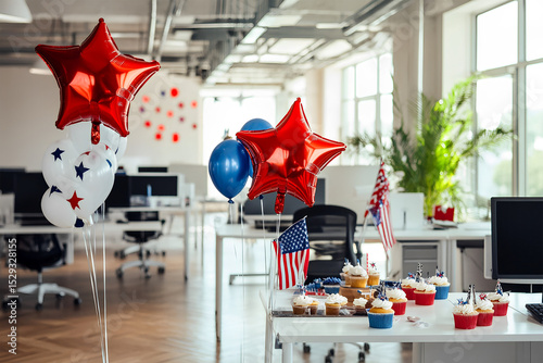 Modern office workspace decorated with red foil balloons in the shape of stars near each table, white interior, open space office, monitors on white tables. USA Independence Day, themed treats