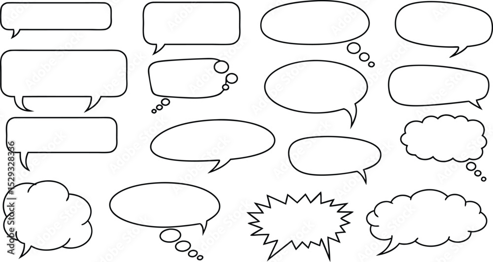 Fototapeta premium Collection of various blank comic speech bubbles and thought clouds in simple black outline style