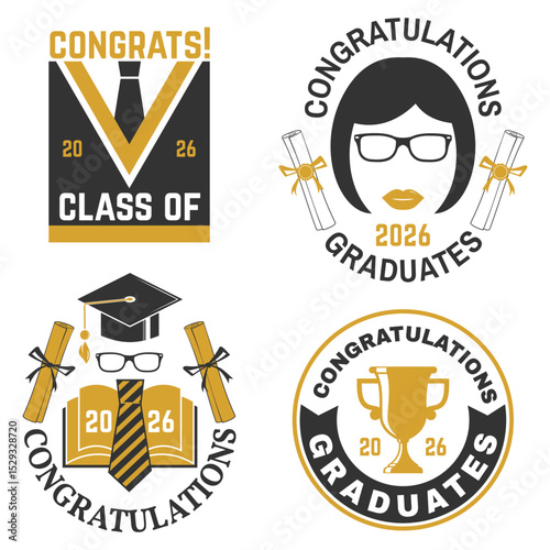 Set of Vector Class of 2026 badges. Vector illustration. Concept for shirt, print, seal, overlay or stamp, greeting, invitation card. Typography design. For class of 2026 graduation.