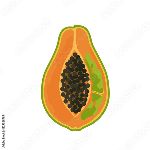 Ripe papaya fruit cut in half with black seeds