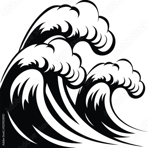 Bold black ocean waves dynamically crash and curl in a stylistic monotone seascape vector