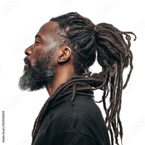 Man with dreadlocks hairstyle in ponytail style black man with beard and black shirt on white background
