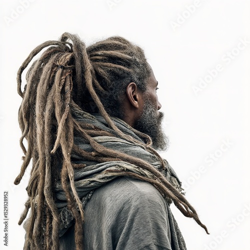 Portrait of man with dreadlocks and beard looking away against white background studio shot art photography