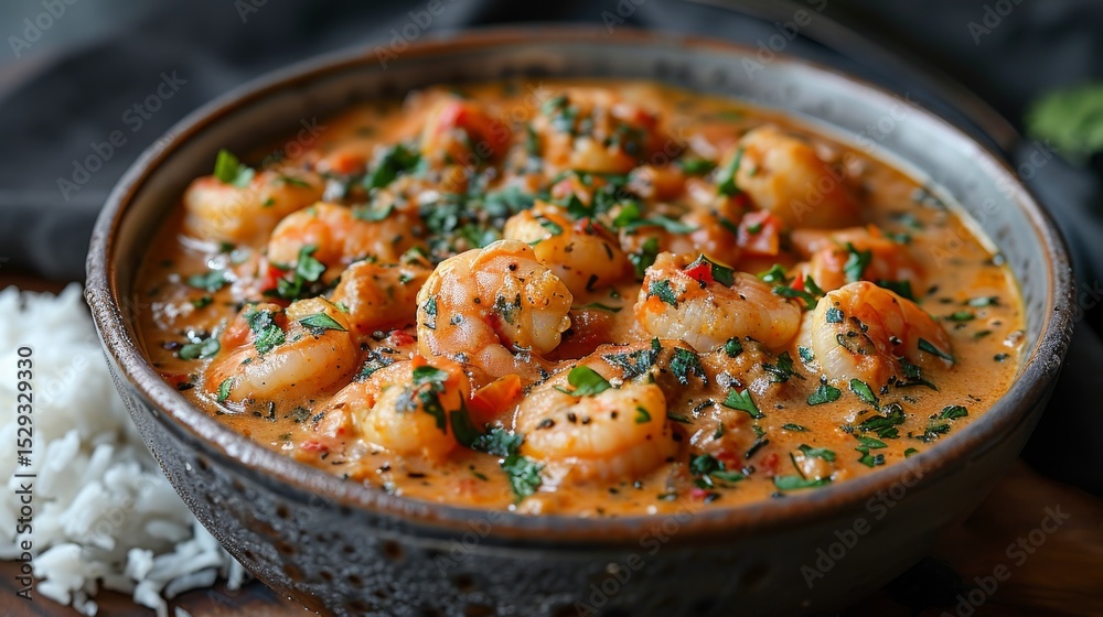 A tantalizing bowl of shrimp cooked in a rich sauce alongside freshly steamed rice creates a visually appealing and appetizing representation of gourmet seafood cuisine. A tantalizing bowl of shrimp cooked in a rich sauce alongside freshly steamed rice creates a visually appealing and appetizing representation of gourmet seafood cuisine.