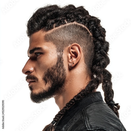 Man with braided mohawk hairstyle and undercut trendy style for men fashion and beauty photography