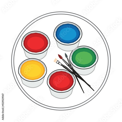 Paint palette and brushes. Painting color pallette, creative drawing tool. Artistic supplies, oil colour pallet on wooden board, artist accessory. Flat vector illustration isolated on white background