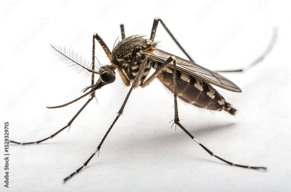 Close up of a mosquito with its proboscis visible on white Close up of a mosquito with its proboscis visible on white