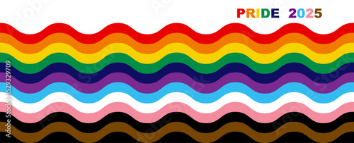 Pride 2025 Rainbow Flag LGBTQIA+ Wavy Banner. Equality, Inclusivity. Gay Pride template with LGBT Flag sign. Pride Month. Colorful design element frame border vector background