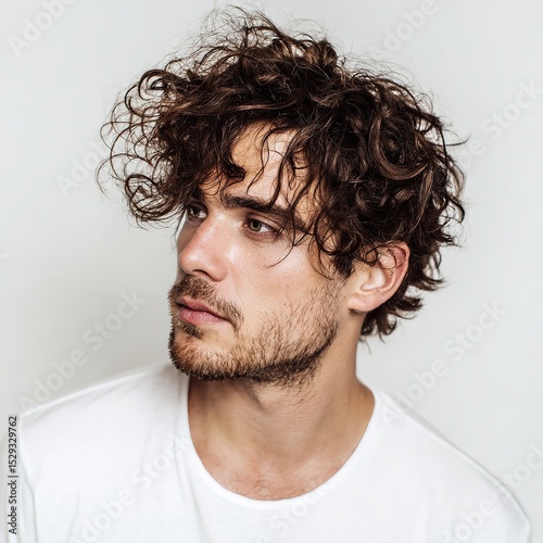 Man with curly hair portrait for hair style inspiration and men's fashion and beauty trends guide