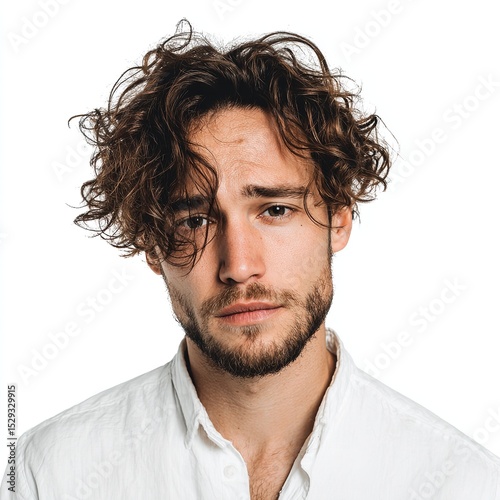 Portrait of handsome man with curly brown hair and beard wearing white shirt on white background studio shot