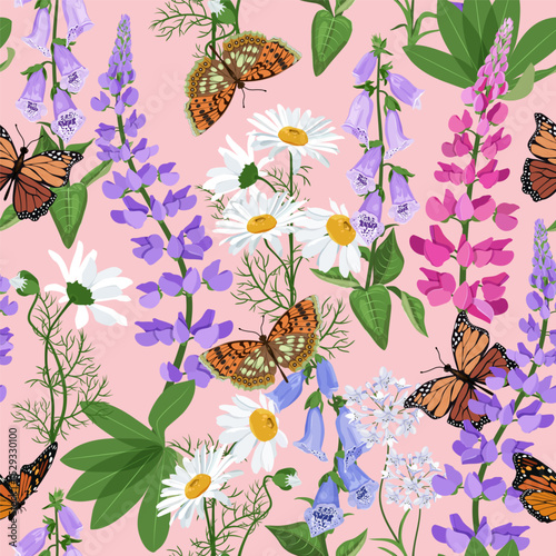 Seamless vector illustration with delicate campanula, lupine, chamomile and butterflies. For decorating textiles, packaging.