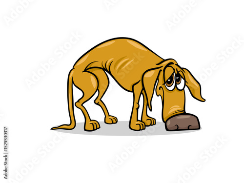 Sad Cartoon Dog Sniffing Ground with Long Nose and Droopy Ears Looking for Something Lost