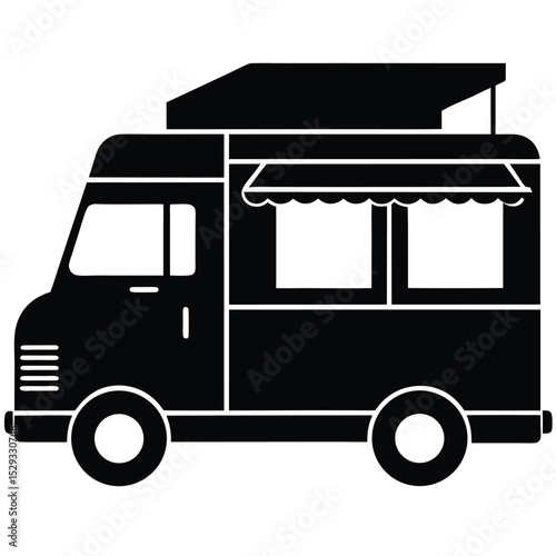 Gourmet Food Truck Icon – Monochrome Vector of Mobile Restaurant Van

