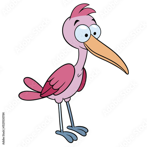 Cartoon pink bird stands looking innocently with large eyes and a long orange beak