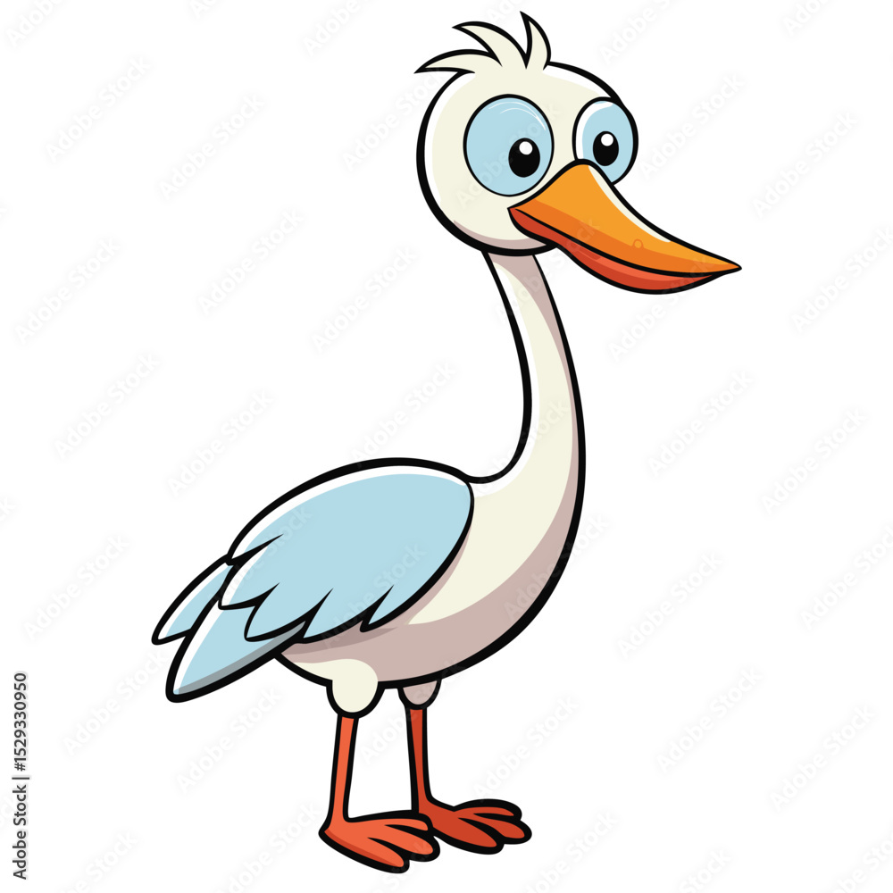 Obraz premium Cartoon stork illustration presents a whimsical bird with light blue accents against a white background