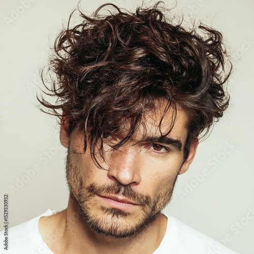 Man with curly hair style trends handsome male model portrait attractive guy beauty hair care product guide