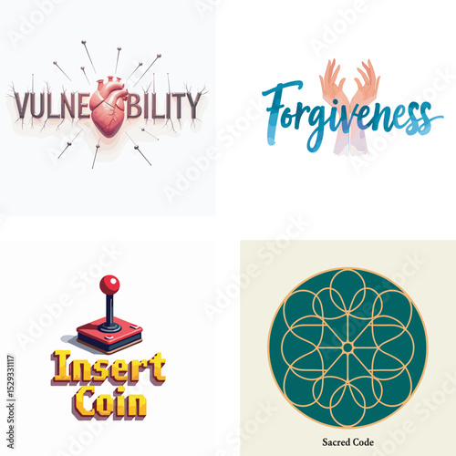 Four diverse illustrations showcasing concepts of vulnerability forgiveness gameplay and sacred geometric design