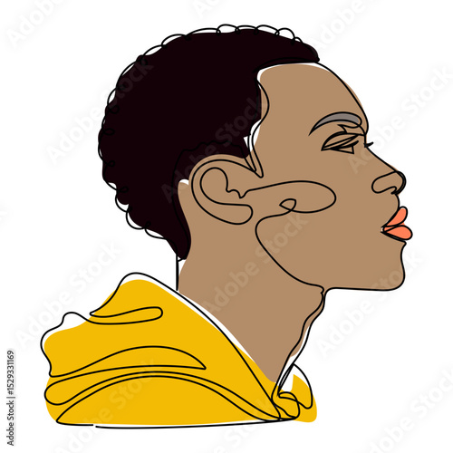Continuous line drawing of an African American man on a white background. Stylized profile of a young person in a yellow hoodie showcasing creativity and individuality through simple line art