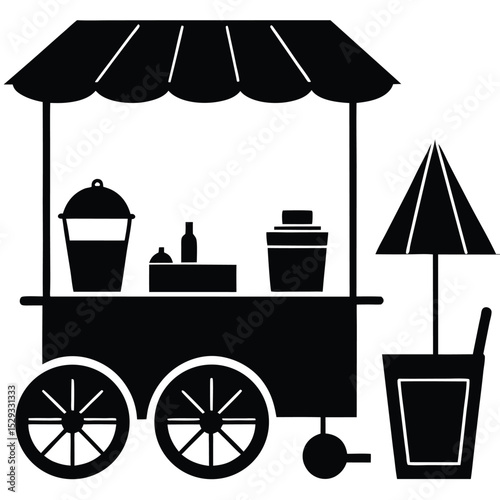 Juice and Snack Cart Vector – Vintage Beverage and Food Stall Silhouette

