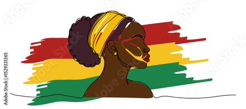 Woman with traditional headwrap in profile against colorful background representing Ghana