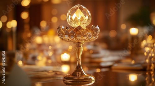 A grand gold crystal candle holder illuminated by soft candlelight, standing on a beautifully set table. The gleaming gold structure features a round reflective base, a slender elongated stem.