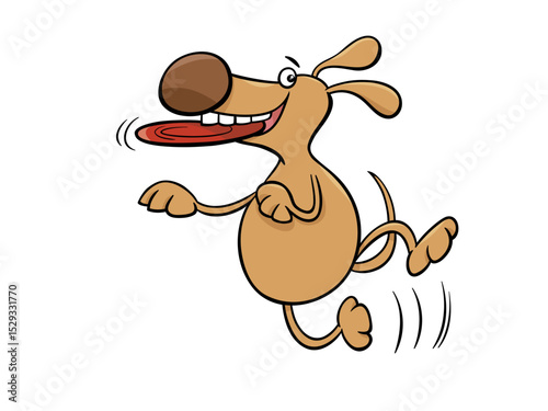 A Happy Cartoon Dog Joyfully Chasing a Red Flying Disc Outdoors