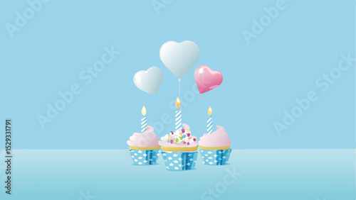Three cupcakes with lit candles and heart shaped balloons on a light blue background create a festive mood
