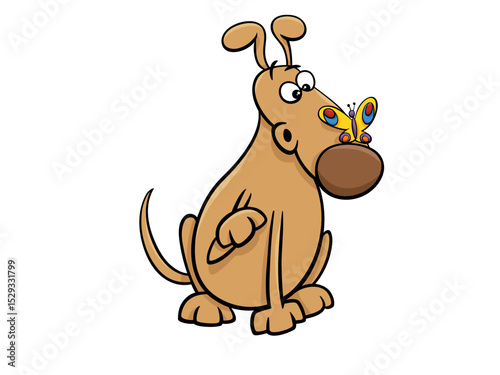 A Curious Brown Dog Sits Patiently With a Butterfly on Its Nose