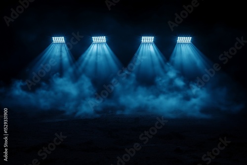 A haunting and cinematic nightscape featuring four blinding stadium lights piercing through the dark abyss. The beams illuminate rising plumes of smoke, casting dynamic shadows across the rough.
