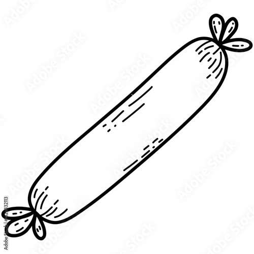 Cartoon Sausage Illustration. Hand-drawn style illustration of a sausage. Red meat sausage with tied ends, isolated on a white background. Perfect for food-related content, cooking themes, restaurant.