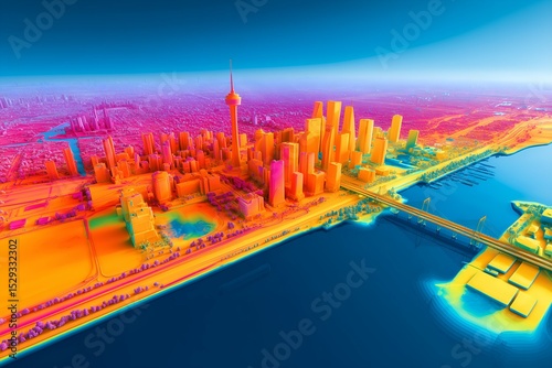 Thermal Image of City Landscape, Urban Heat Island Awareness, Smart Cities Concept, Sustainable Urban Planning, Climate Adaptation, Environmental Monitoring, Heat Mapping Technology