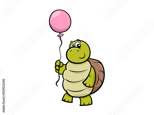 A Smiling Turtle Walking Under A Balloon on A Black Background