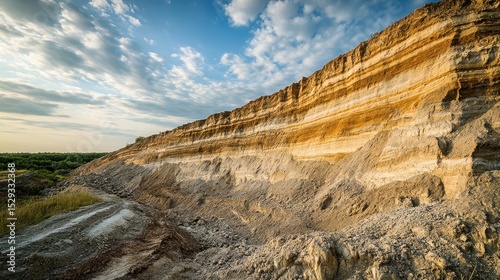A stratified geological cut under a blue, cloudy sky shows layers of earth. Use it for geology, land formation, or environmental concepts visually.
