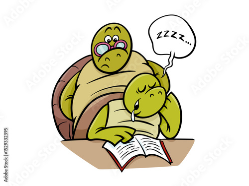 Two turtles one sleeping on the other while studying from a book
