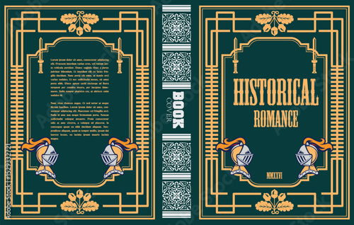031-30-Book cover design for historical romance genre, featuring knight helmets, swords, and decorative frame. Hand drawn illustration
